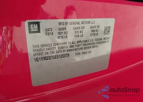 2014 Chevrolet Corvette Stingray Z51 from USA, damaged, VIN 1G1YM2D76E5120379